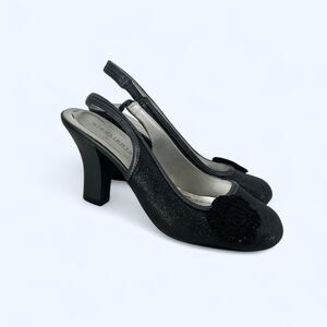 Black Glitter Slingback Pumps Round Toe Crochet Flower Dress Heels NWOT